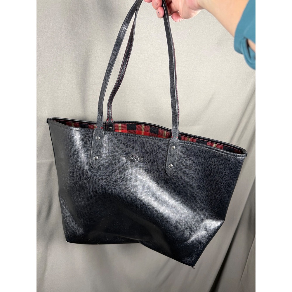 Coach Reversible City Tote Women Large Black Red Plaid Crossgrain Leather Bag